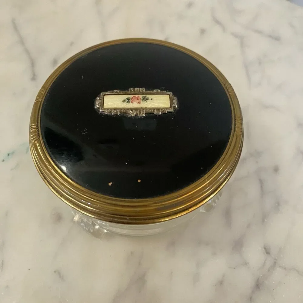 Vintage Art Deco Glass Bottomed Dresser Jar Box Trinket Pink Rose Black Lid